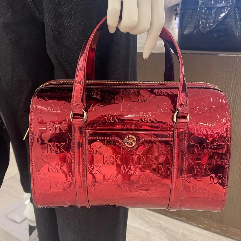 MICHAEL KORS Jet Set Medium Metallic Logo Debossed Satchel Cherry  NWT